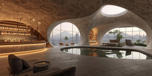 水盤とバーのあるラグジュアリーラウンジ