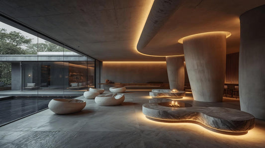 火の光に包まれたストーンラウンジ｜自然と儀式性を編み込む流動空間