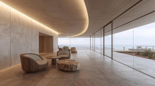 海と水平線を切り取るミニマルラウンジ｜光と連続性が導く静謐空間