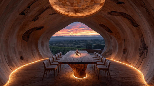 夕景を切り取る洞窟ダイニングパビリオン｜水平線と対話する彫刻的木質空間