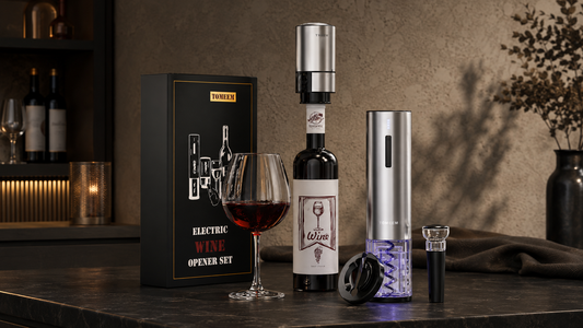 Editorial representation of a TOMEEM electric wine opener gift set in a contemporary home-bar setting.