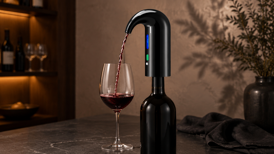 Editorial representation of an electric wine aerator pouring red wine in a contemporary home-bar setting.