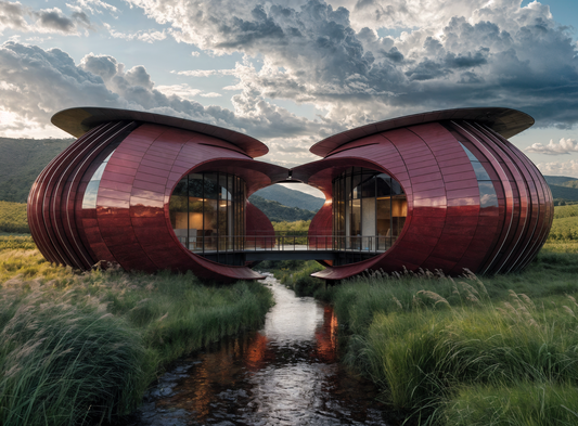 Two curved burgundy buildings leave a landscape opening above a stream.