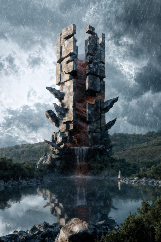 Split stone tower with a dark red flow descending through its fractured center beneath a rain-filled sky; AI-generated speculative architecture.