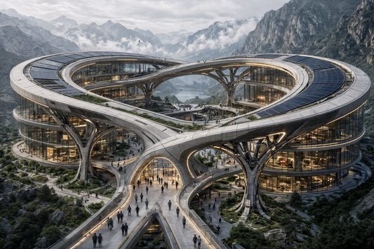 THE HOUSE WITHOUT A THRONE — multiple equal paths meeting beneath a near-future circular architecture
