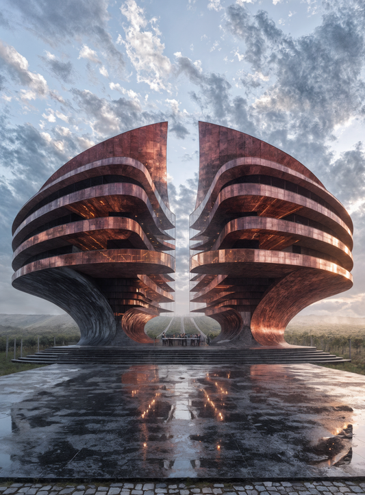 Two copper-toned wine architecture wings pause before meeting above a vineyard.